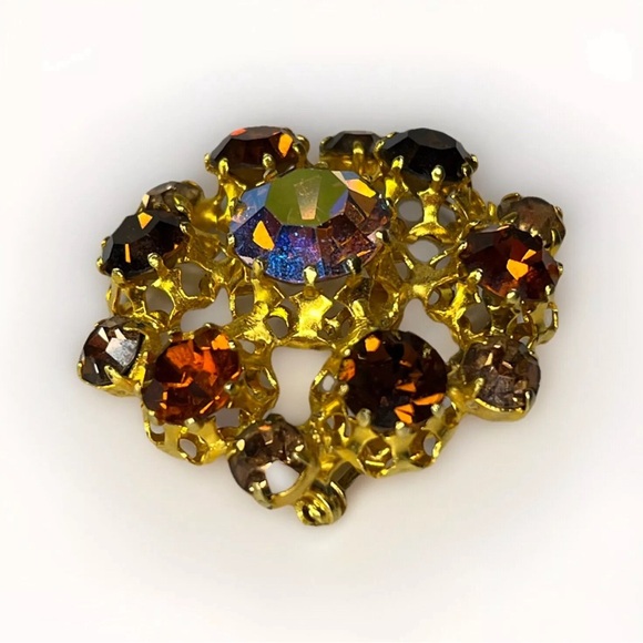 Vintage Flower Amber Purple AB Rhinestone Gold Tone Brooch Signed STAR Austria - Picture 4 of 7